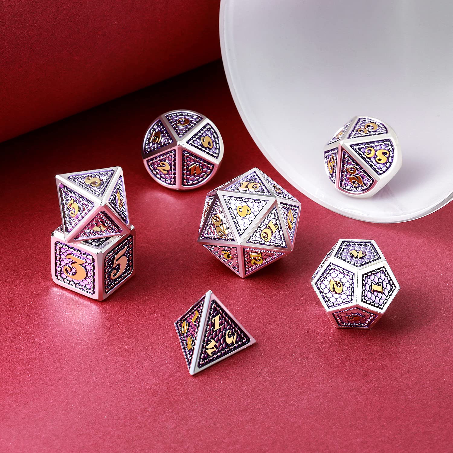 Dragon Scale 7 PCS Polyhedral Metal Dice Set(Lilac with Silver Edge)