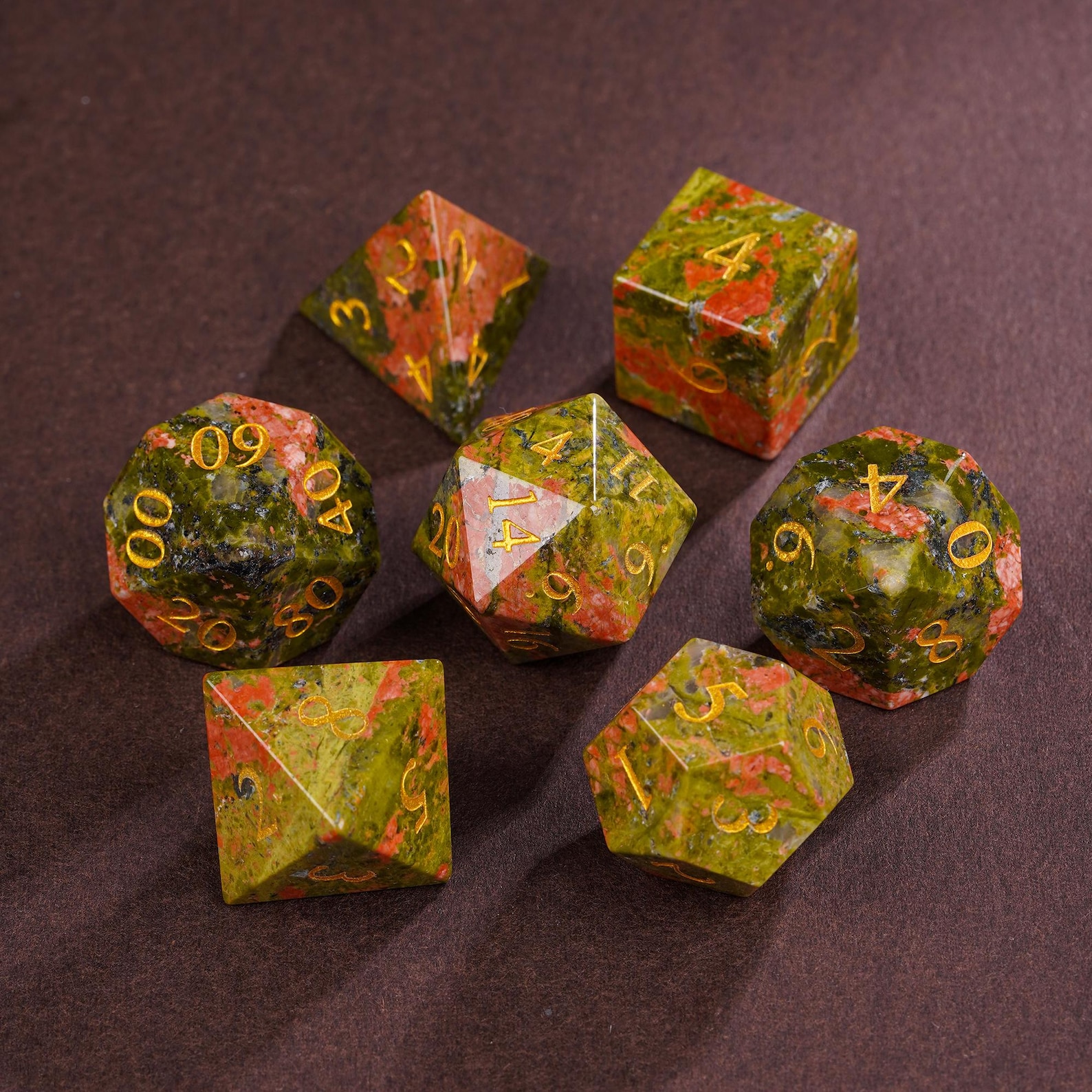 Unakite Gemstone Dice Set Dungeons and Dragons Gemstone Dice Set Dice-Polyhedral Gemstone D20 Dice Set Polyhedral Gaming Dice Set