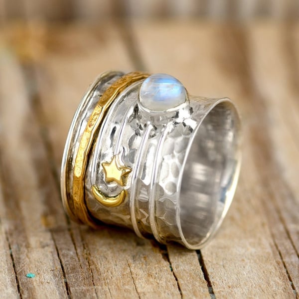 Sterling Silver Star and Moon Moonstone Spinner Ring
