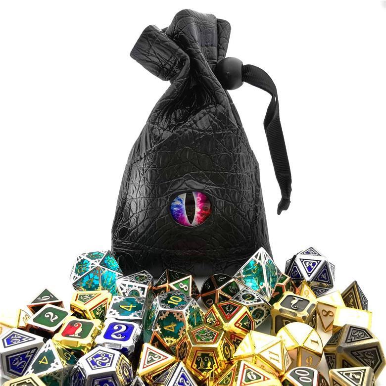 DND Dice Bag with Pockets - Large Dice Bag with Black Dragon Scales and Real Glass Dragon Eye