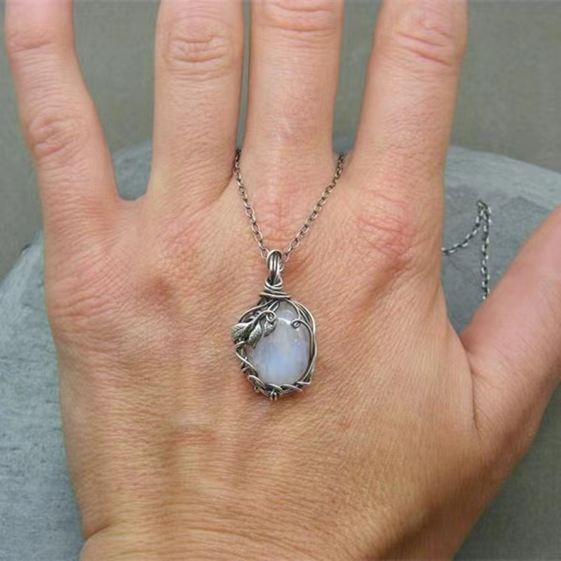 Moonstone Necklace Female Pendant Retro Bohemian Leaf Rattan Accessories