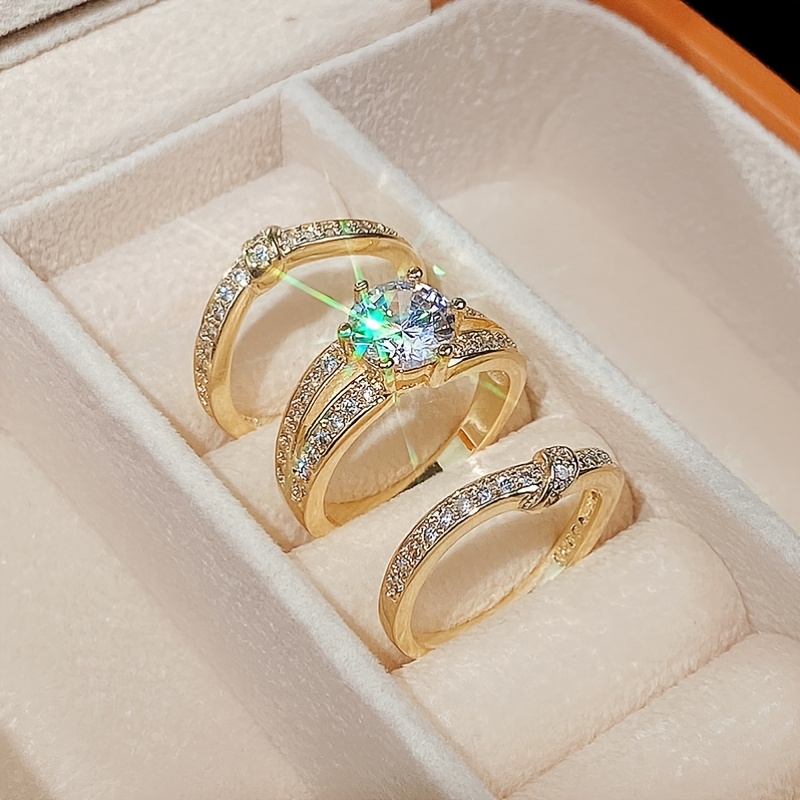 18k Gold Plated Round Zircon Set Ring Fashion Luxury Engagement Wedding Jewelry For Women Ring Set 3pcs