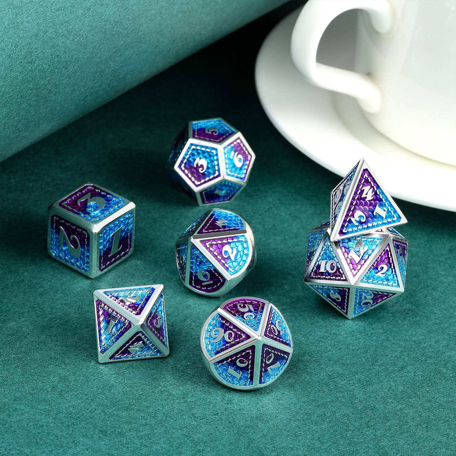 Dragon Scale 7 PCS Polyhedral Metal Dice Set(Blue and Purple with Silver Edge)