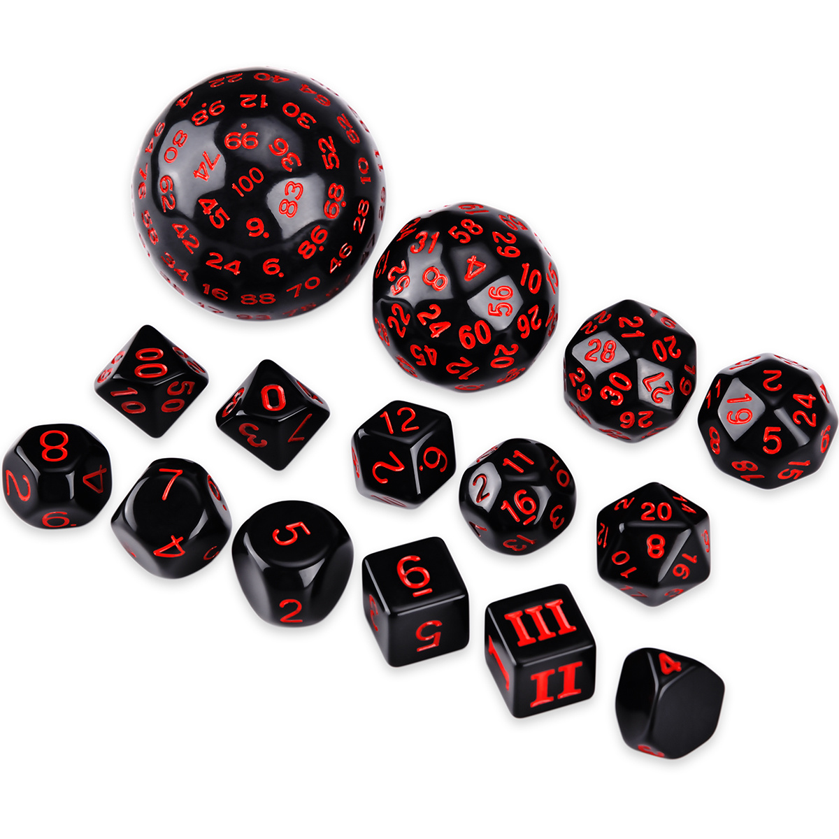 D3-D100 Black Base Polyhedral Dice Set Of 15 For Role Playing Game, Club Game, Board Game Accessories