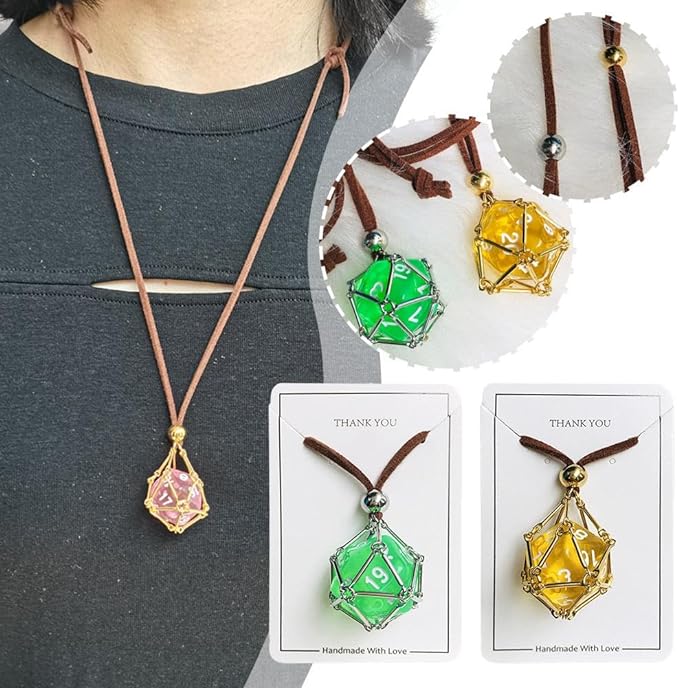Removable dice cage necklace d20 jail pendant solid brass and deerskin leather