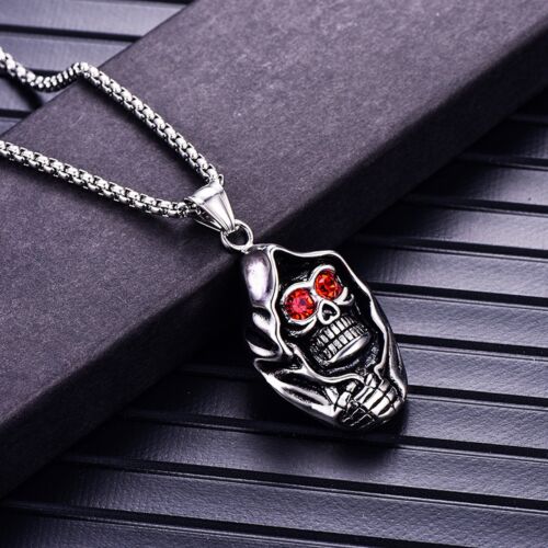 Mens Stainless Steel Gothic Grim Reaper Death Skull Red Crystal Pendant Necklace