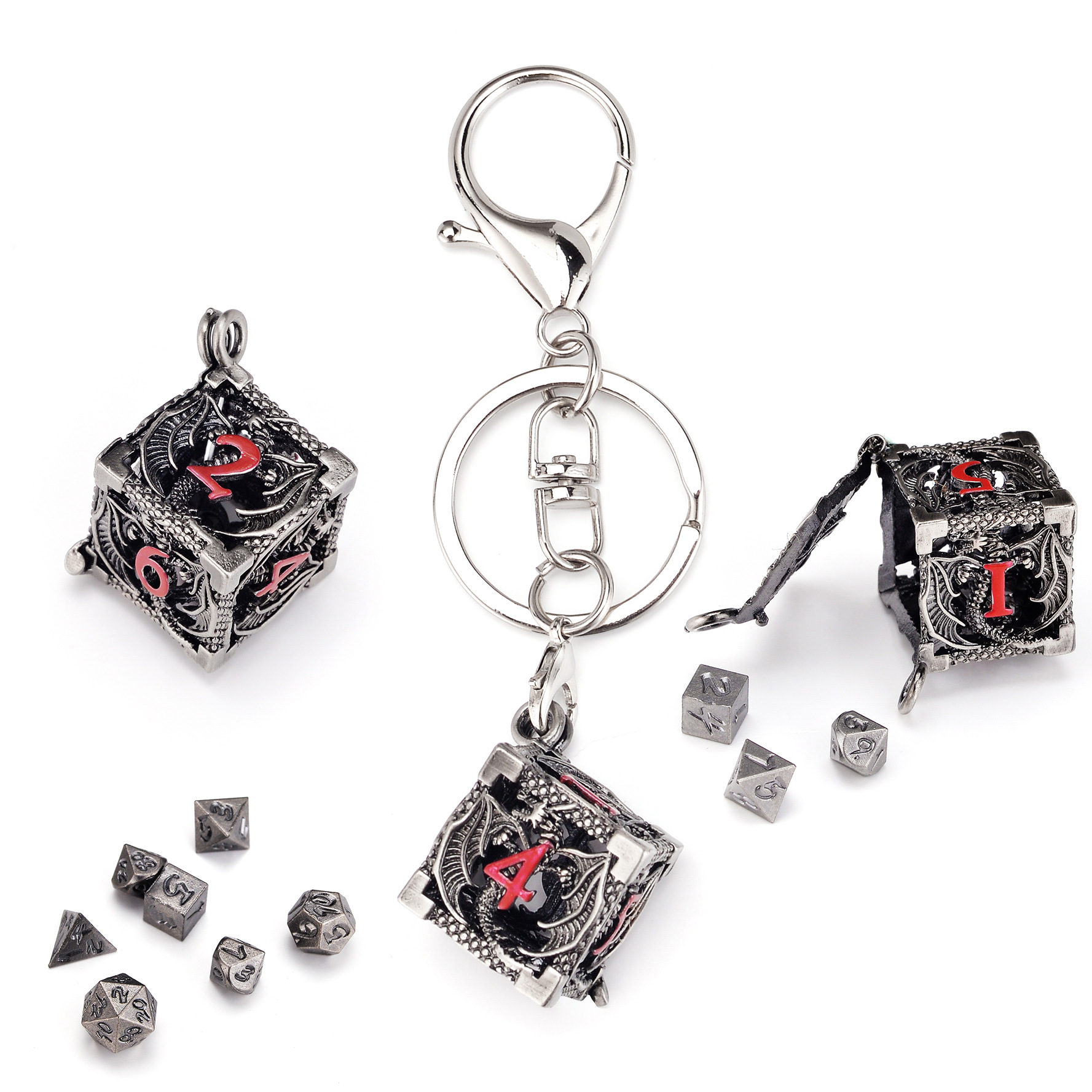Metal Hollow Dice Keychain Set
