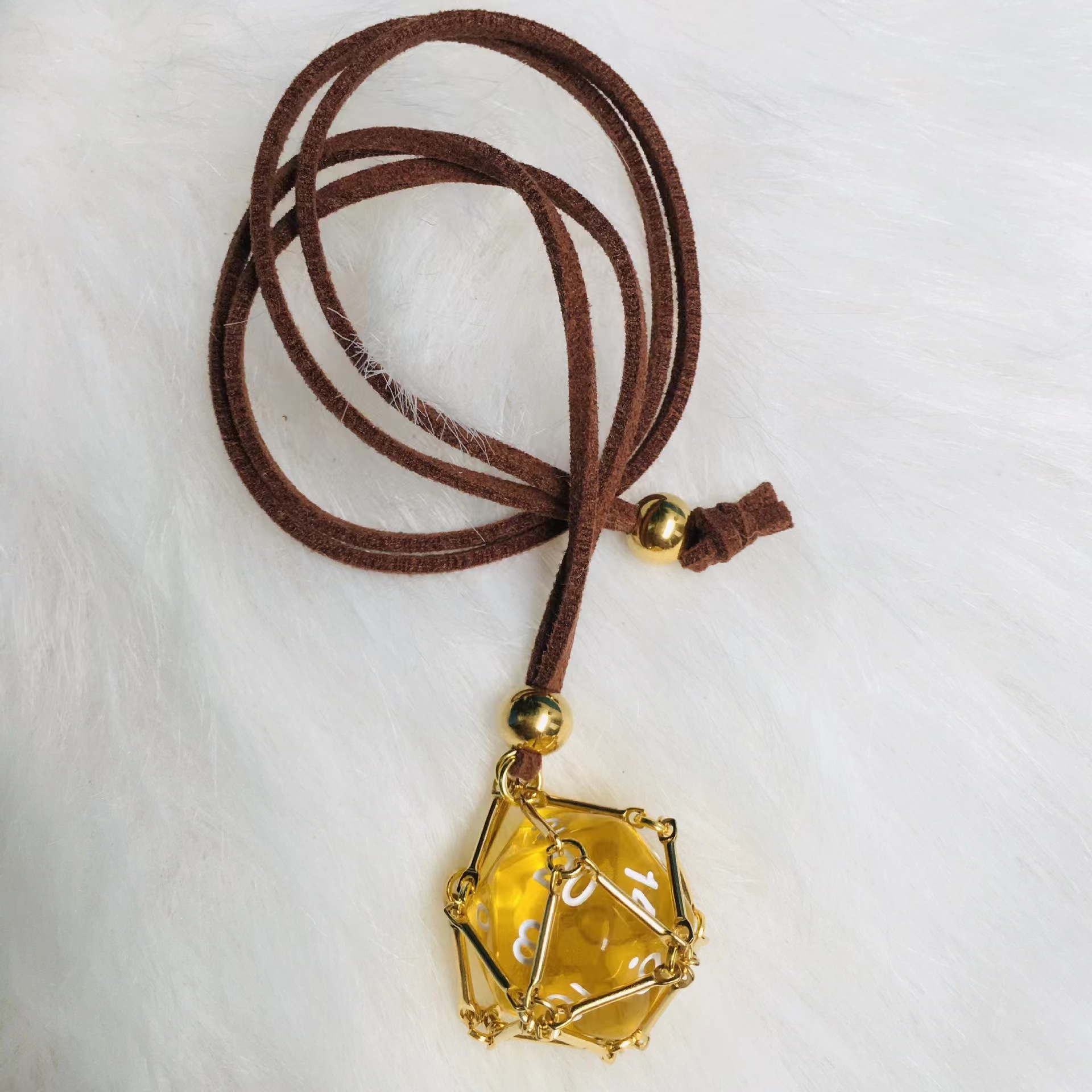 Removable dice cage necklace d20 jail pendant solid brass and deerskin leather