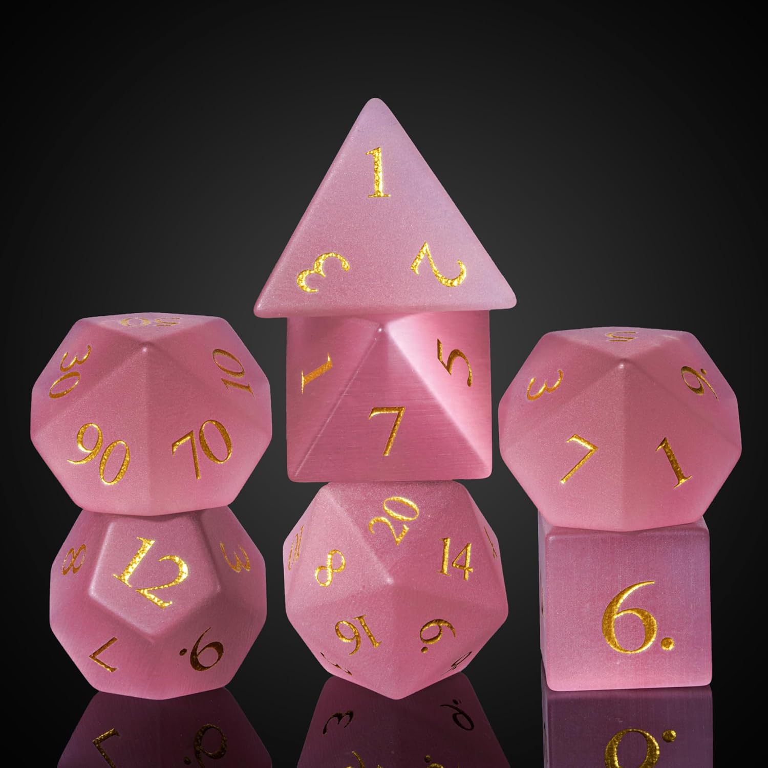 Pink Cat's Eye Natural Gemstone Dice Set, 7 Pcs Crystal DND Dice