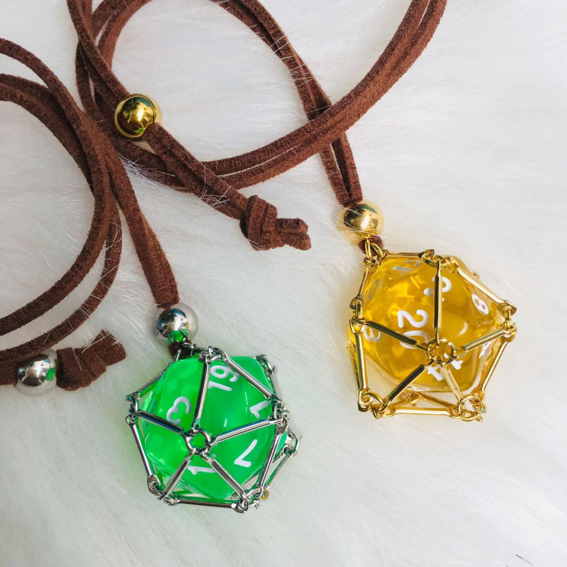 Removable dice cage necklace d20 jail pendant solid brass and deerskin leather