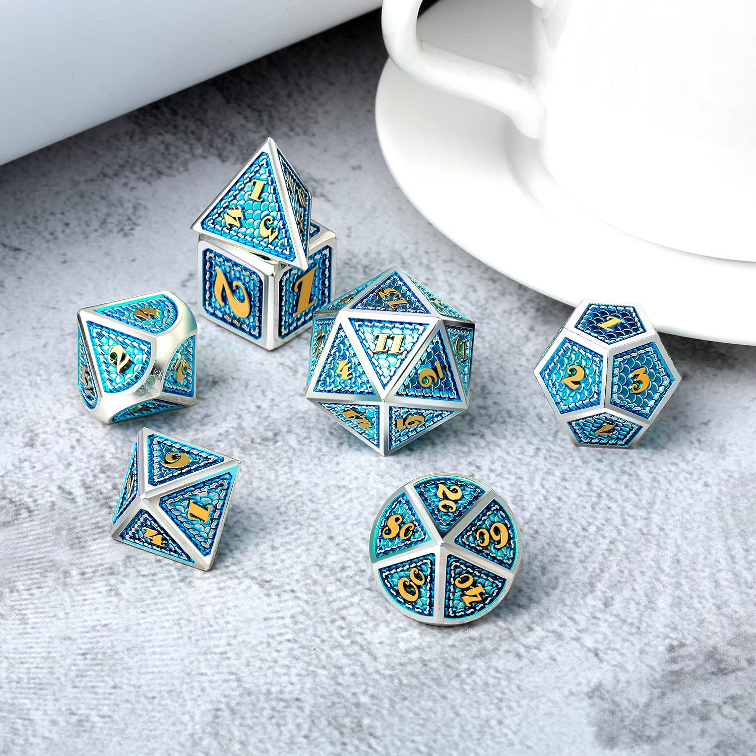 Dragon Scale 7 PCS Polyhedral Metal Dice Set(Azure with Silver Edge)