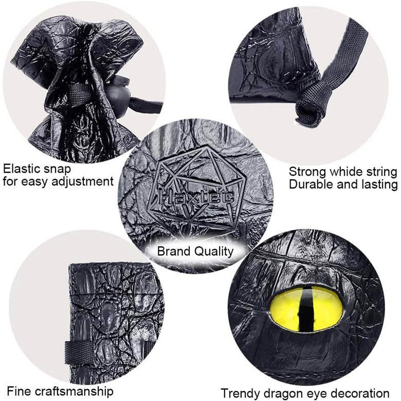 DND Dice Bag with Pockets - Large Dice Bag with Black Dragon Scales and Real Glass Dragon Eye