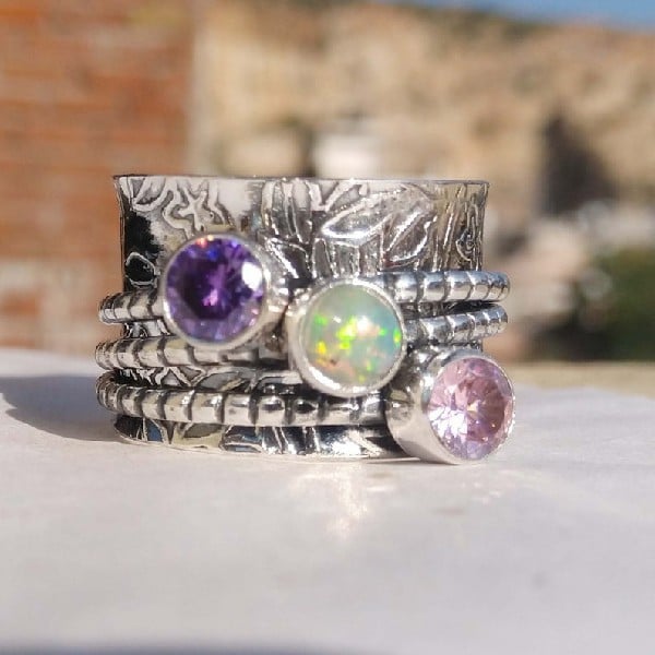 Sterling Silver Bohemian Gemstone Meditation Spinner Ring