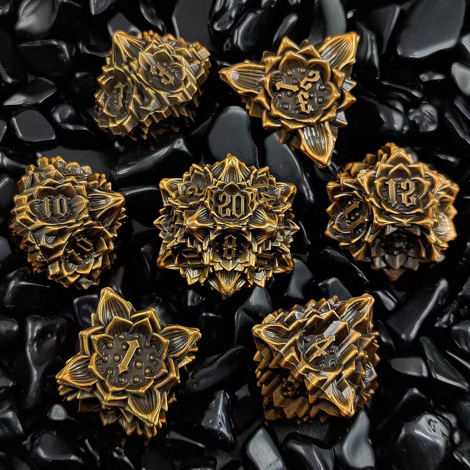 Metal Dice with Lotus Flower D&D Dice Set