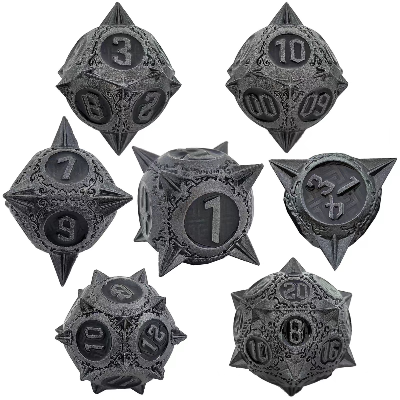 Metal Dice (7)Set For-Dungeons & Dragons (DND) RPG Cthulhu Polyhedra Spiked Dice