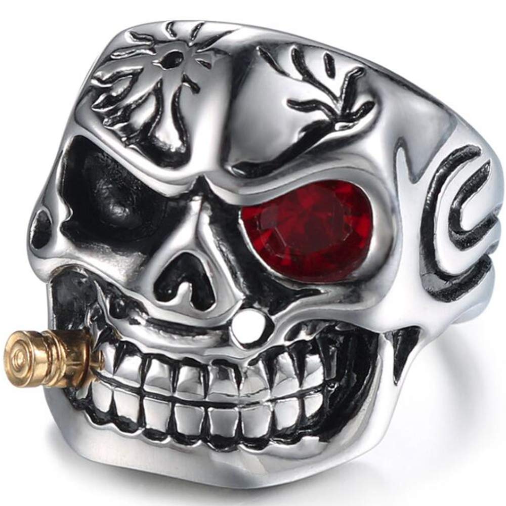 Vintage Stainless Steel Gothic Skull Smoking Bullet Biker Cocktail Party Ring