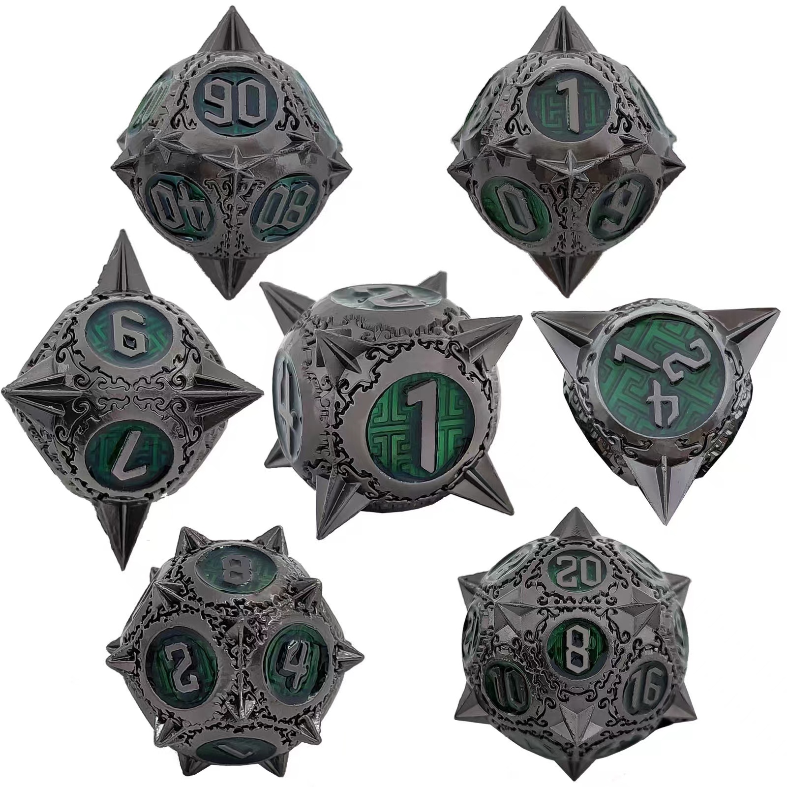 Metal Dice (7)Set For-Dungeons & Dragons (DND) RPG Cthulhu Polyhedra Spiked Dice