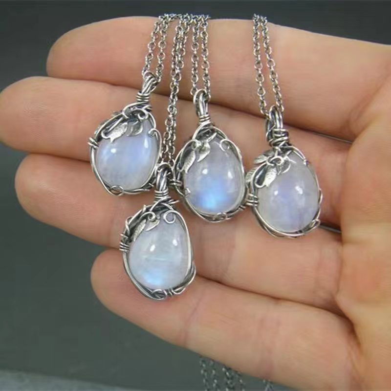 Moonstone Necklace Female Pendant Retro Bohemian Leaf Rattan Accessories