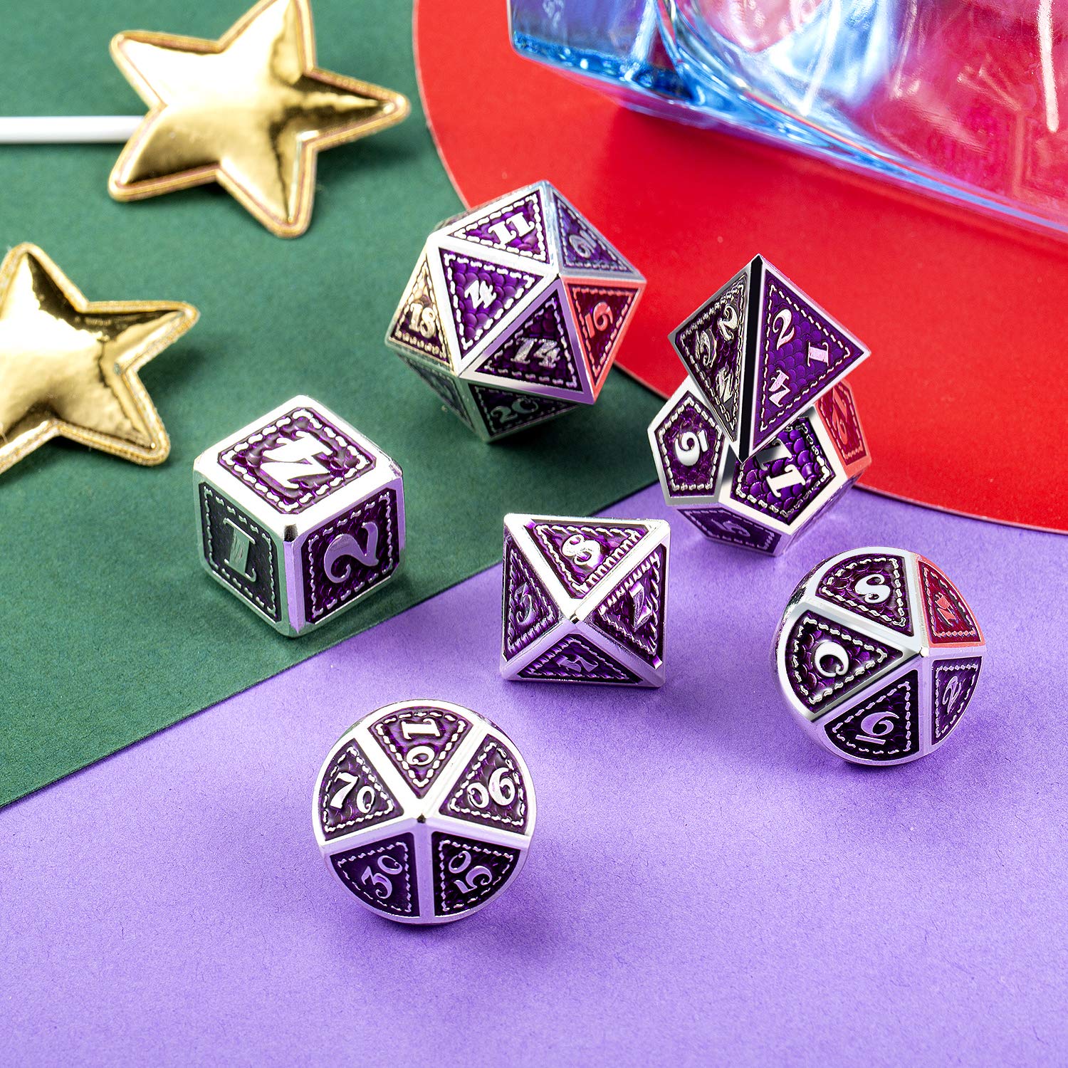 Dragon Scale 7 PCS Polyhedral Metal Dice Set(Purple with Silver Edge)