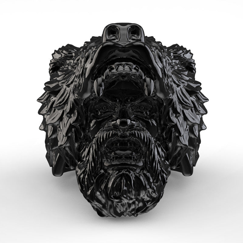 Viking Bear Man Warrior Silver Black Titanium Biker Ring
