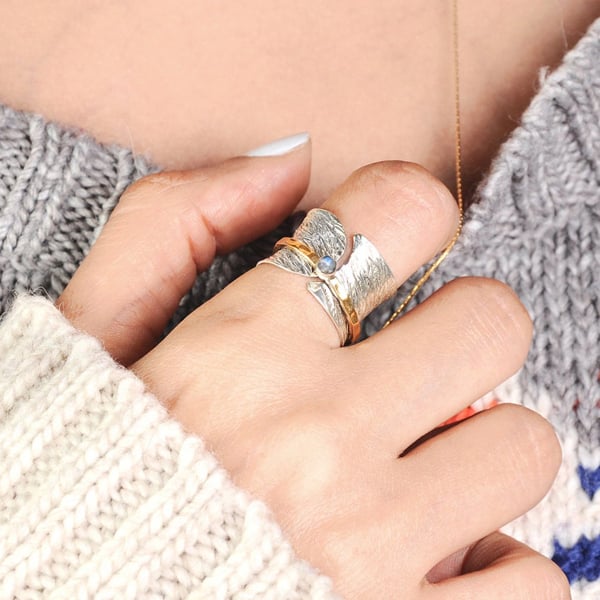 Sterling Silver Moonstone Meditation Wide band Spinner Ring