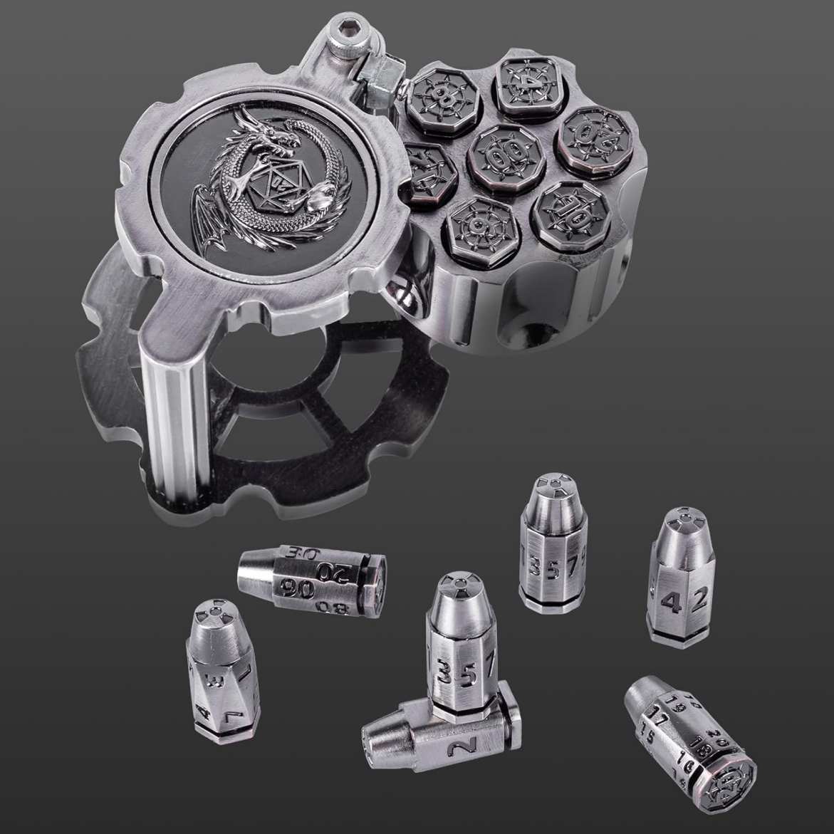 Cyberpunk rotating revolver cylinder container metal bullet dice tabletop game