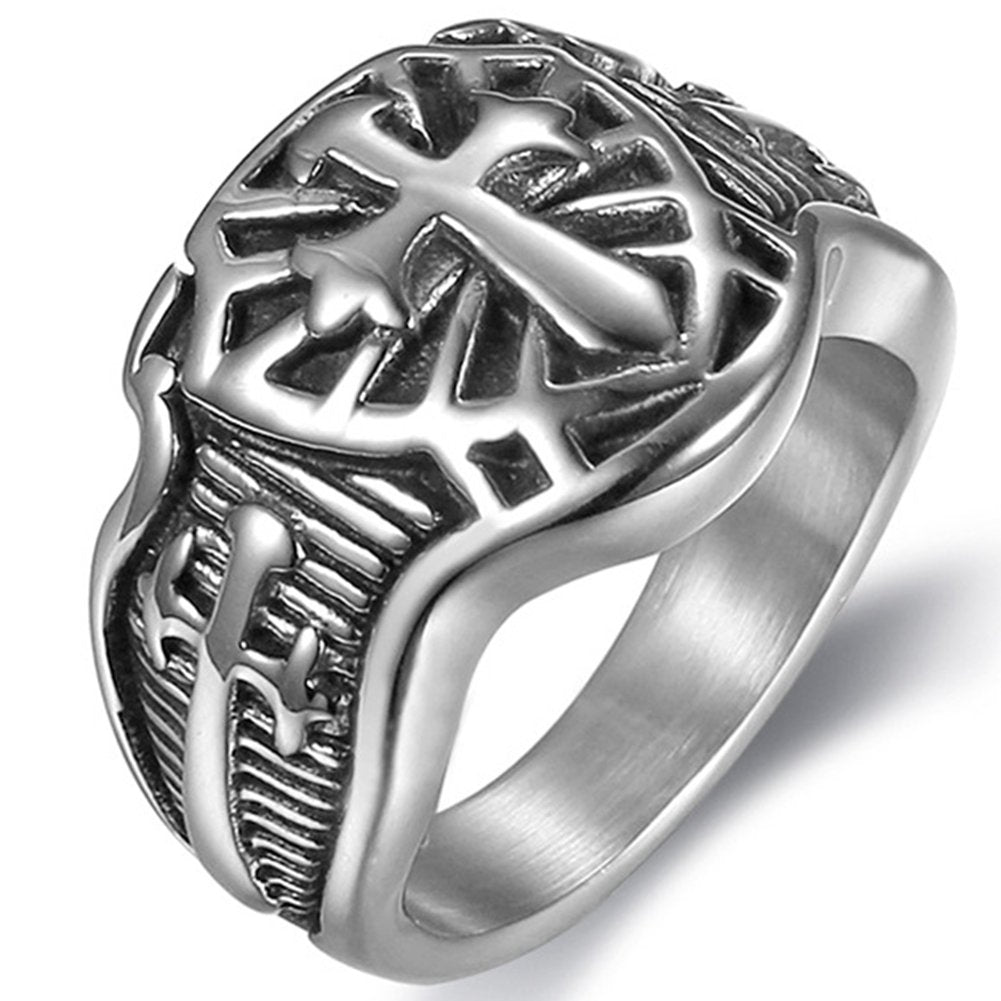 Stainless Steel Crusader Sword Cross Medieval Shield Ring