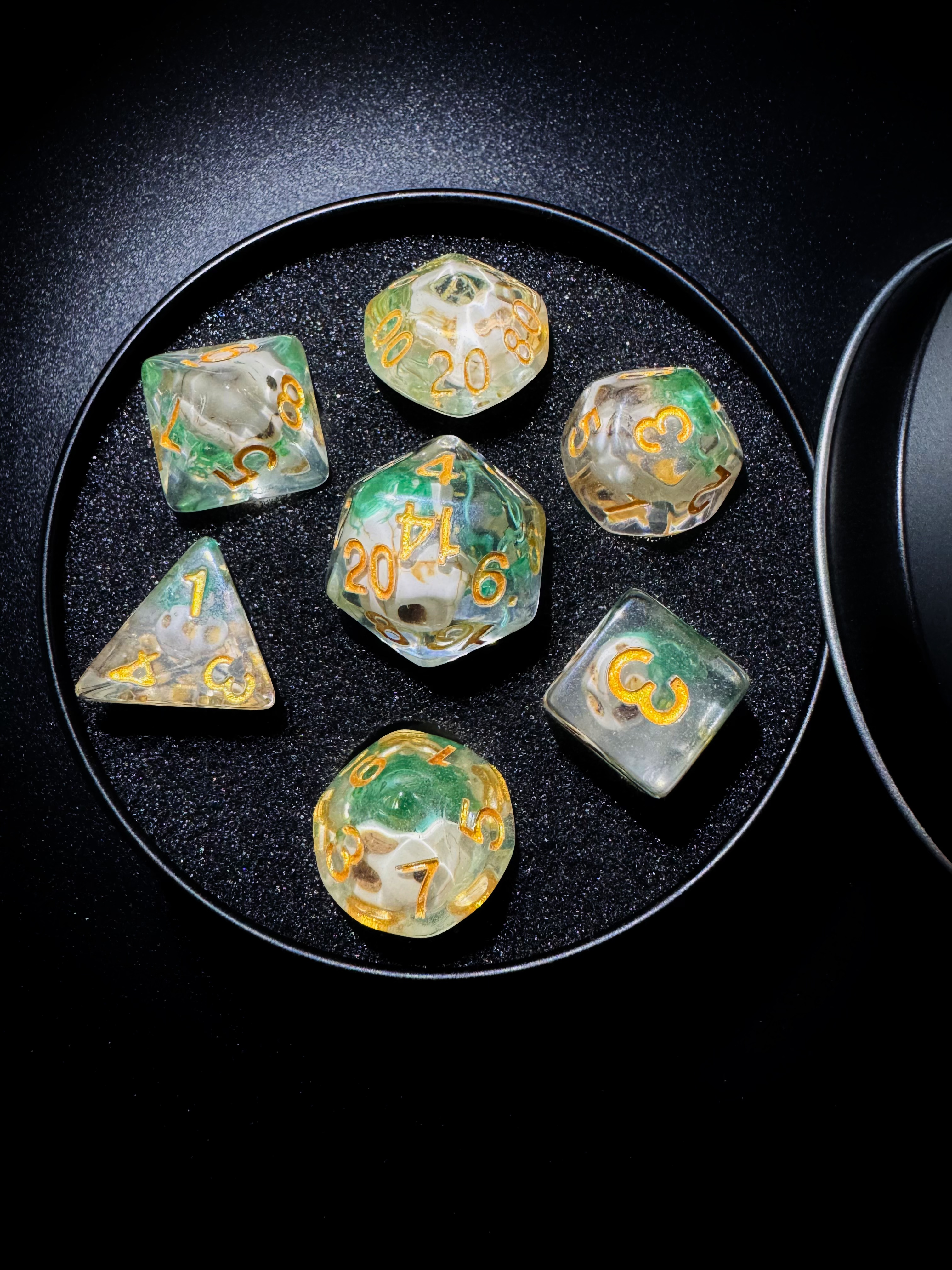 Skeletal Emerald Shadow Dice Set [With Dark Iron Gift Box]