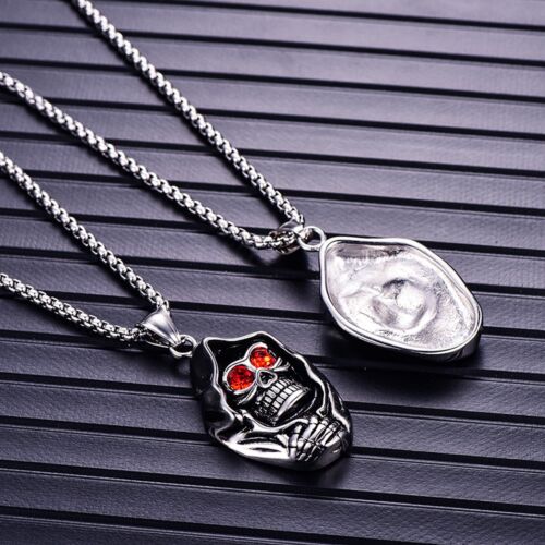 Mens Stainless Steel Gothic Grim Reaper Death Skull Red Crystal Pendant Necklace