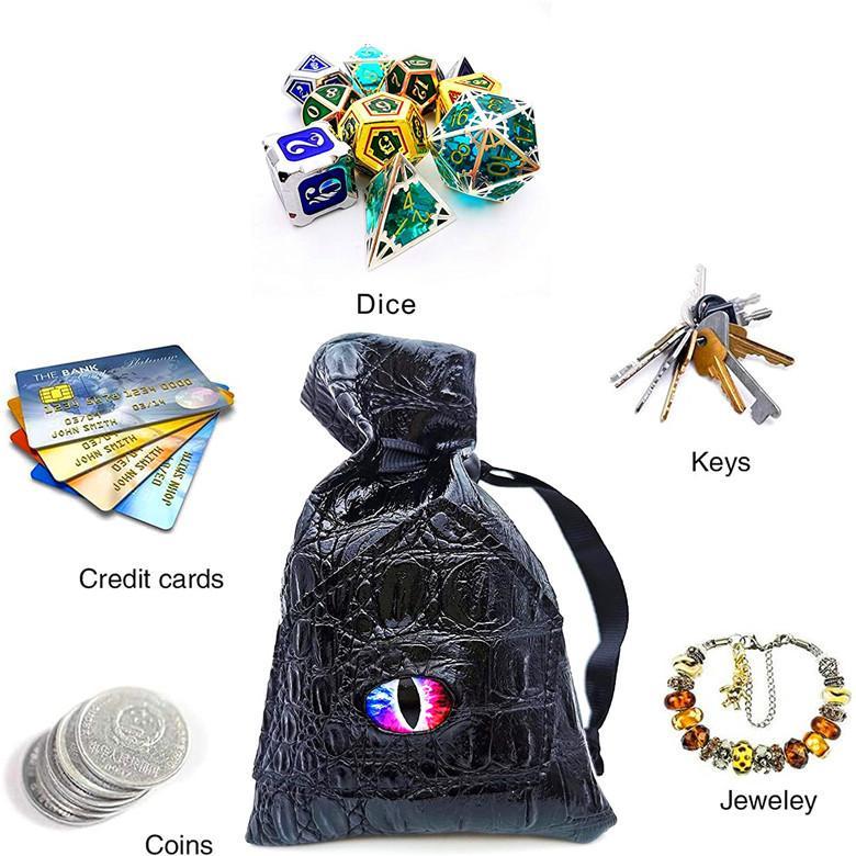 DND Dice Bag with Pockets - Large Dice Bag with Black Dragon Scales and Real Glass Dragon Eye