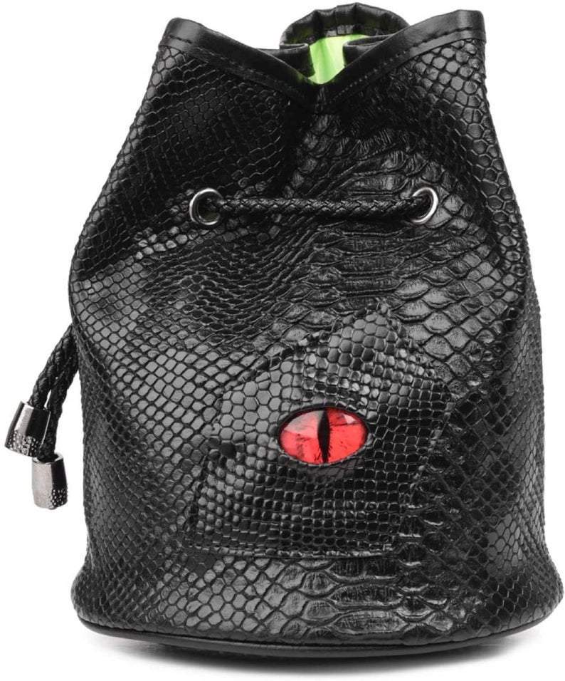 DND Dice Bag with Pockets - Large Dice Bag with Black Dragon Scales and Real Glass Dragon Eye