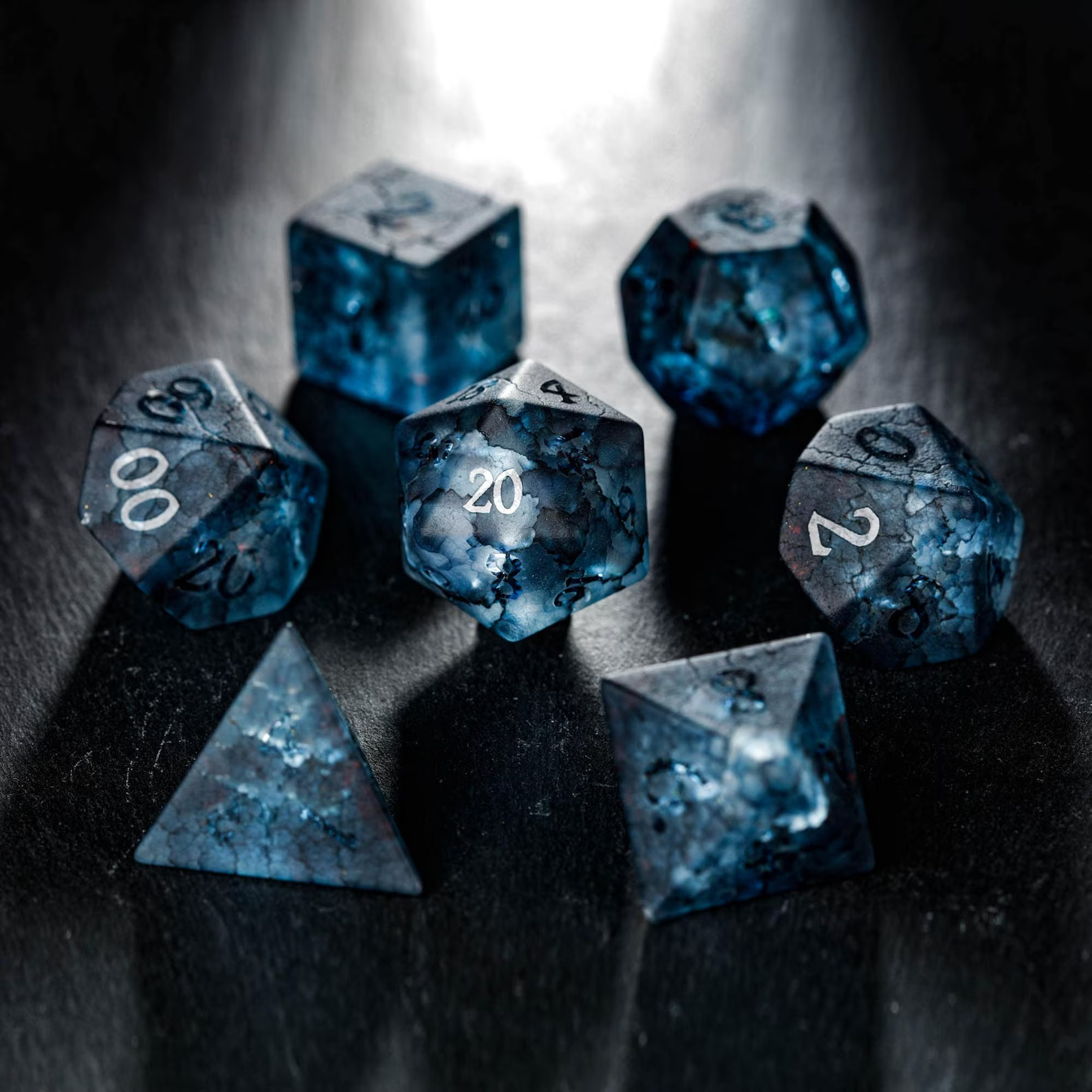 Raised Dark Blue Lightning Glass Dice Set