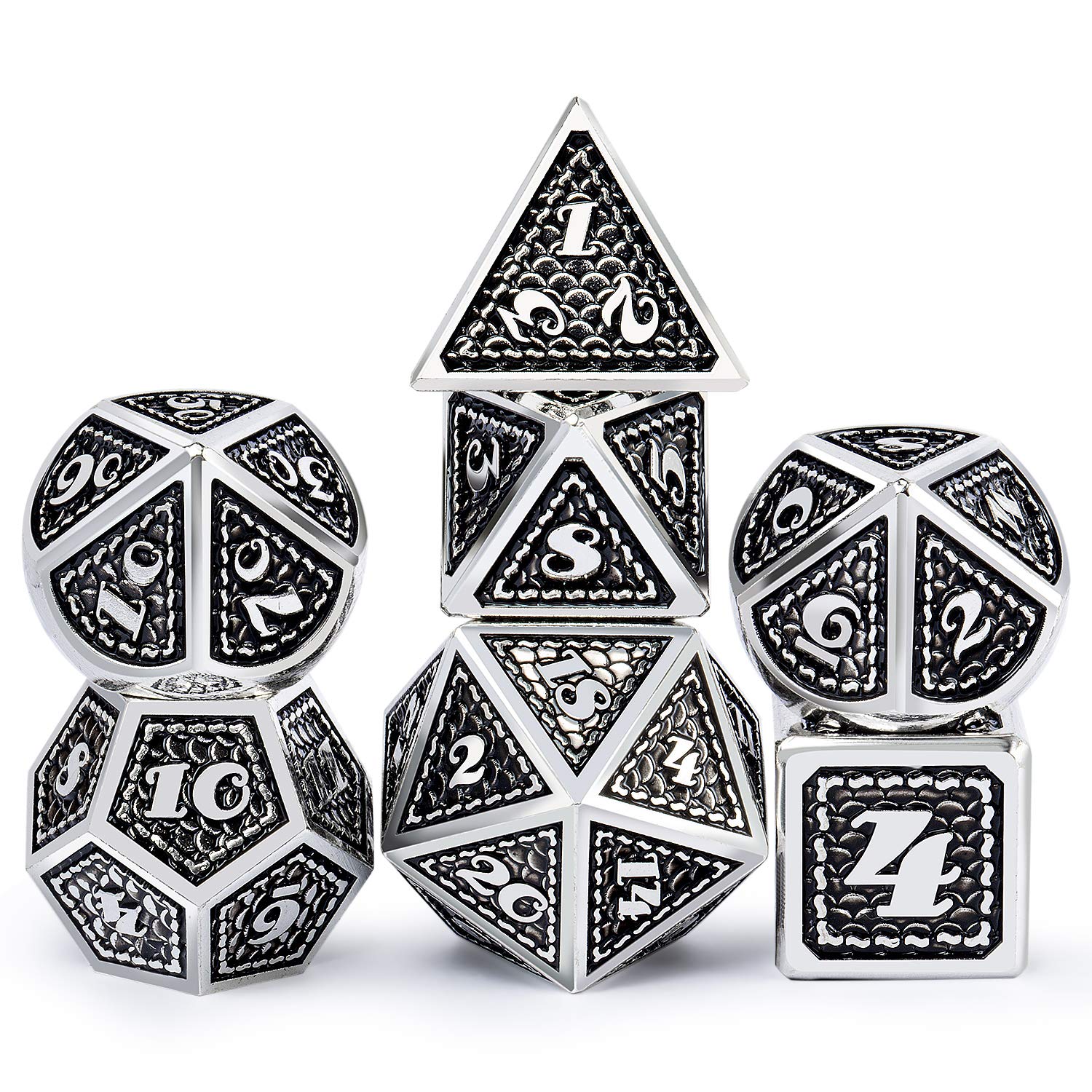 Dragon Scale 7 PCS Polyhedral Metal Dice Set(Black with Silver Edge)