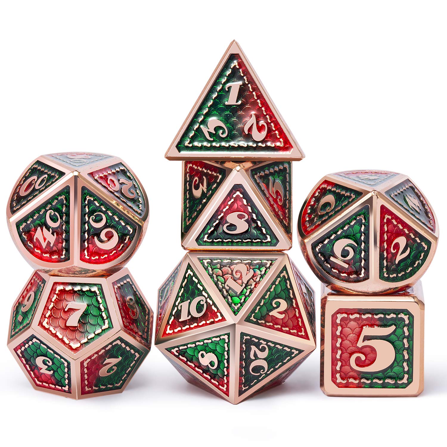 Dragon Scale 7 PCS Polyhedral Metal Dice Set(Red and Green with Copper Edge)