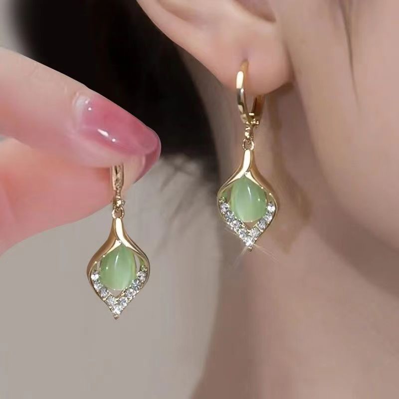 1 Pair Dangle Earrings, Green/White Opal Drop Style, Women's Jewelry