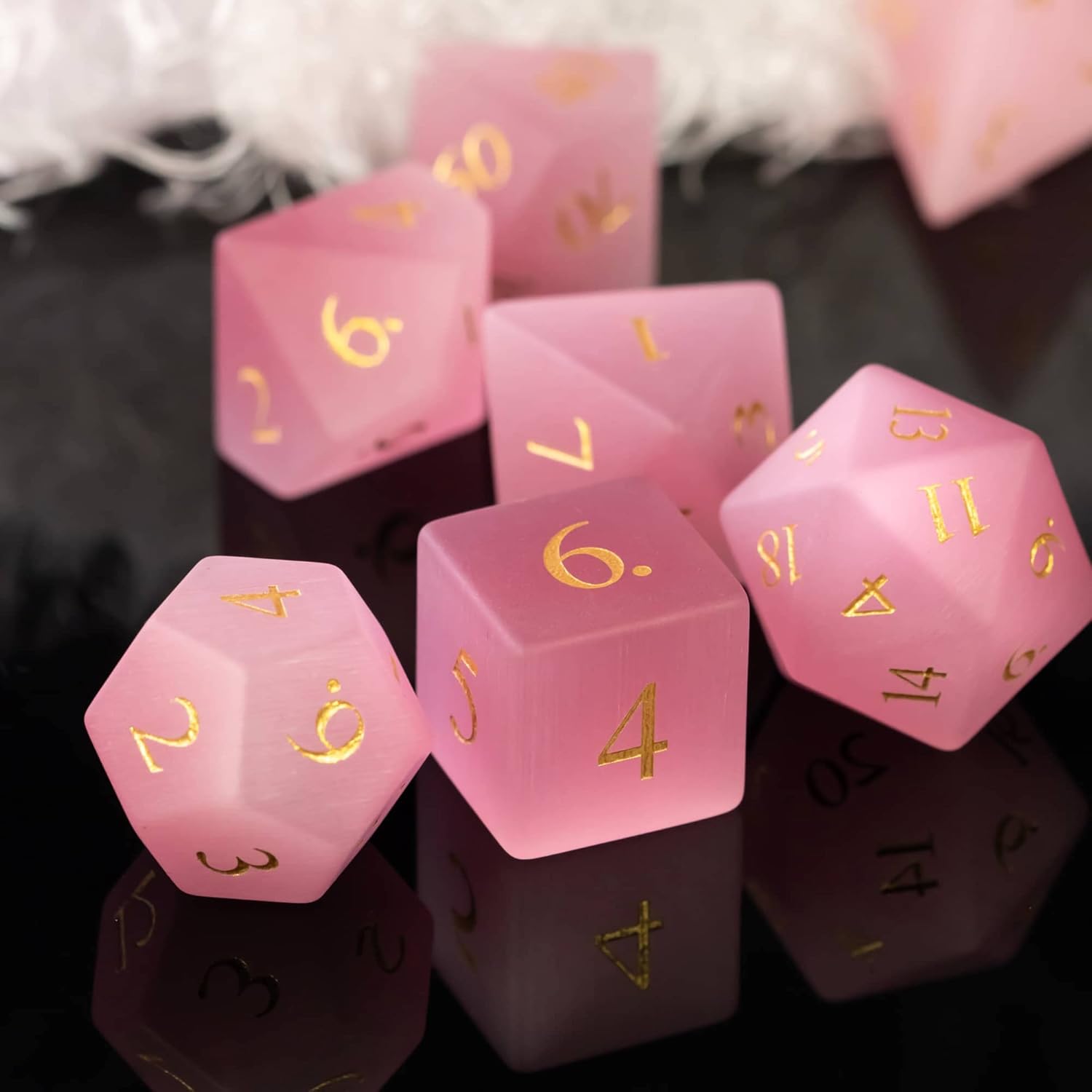Pink Cat's Eye Natural Gemstone Dice Set, 7 Pcs Crystal DND Dice