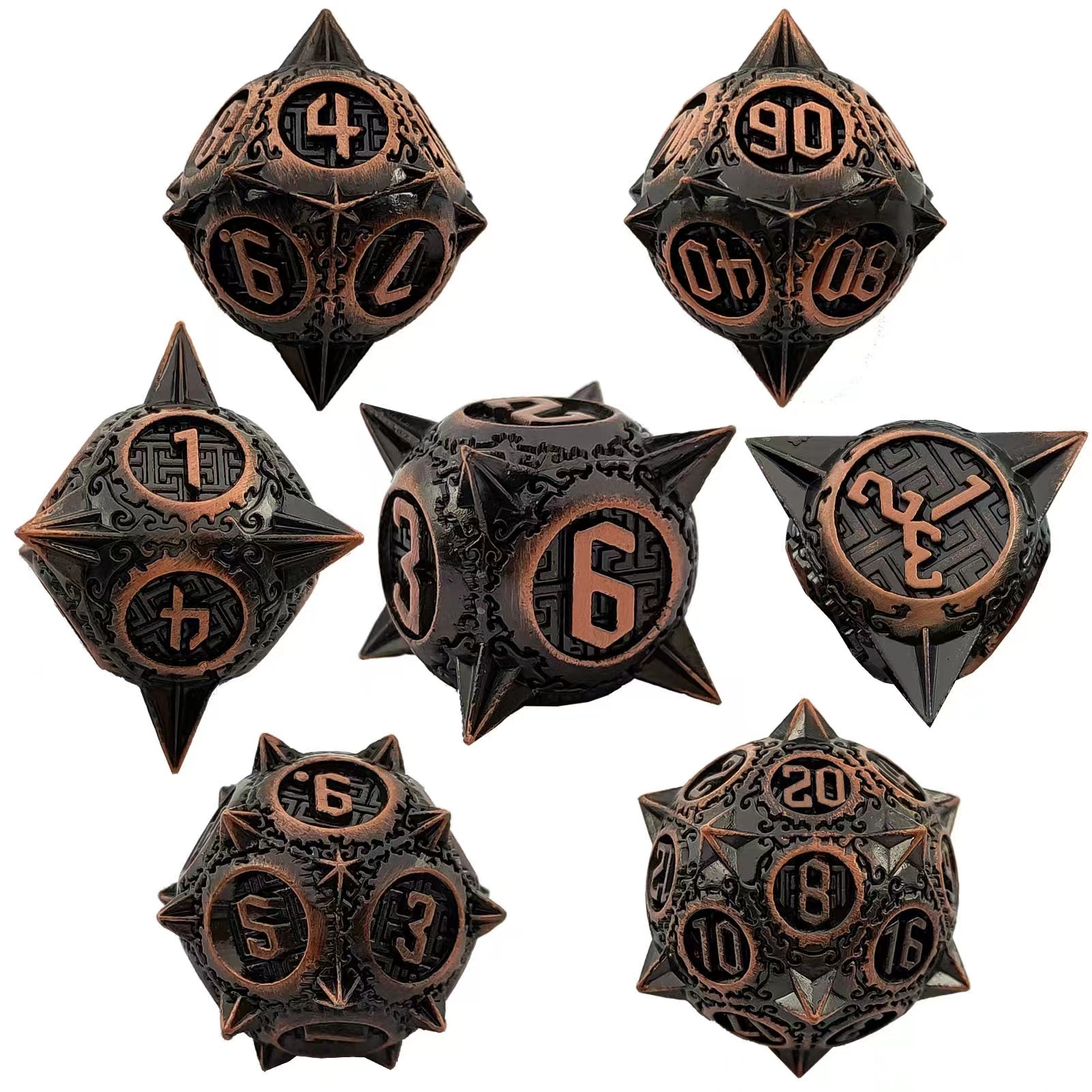 Metal Dice (7)Set For-Dungeons & Dragons (DND) RPG Cthulhu Polyhedra Spiked Dice