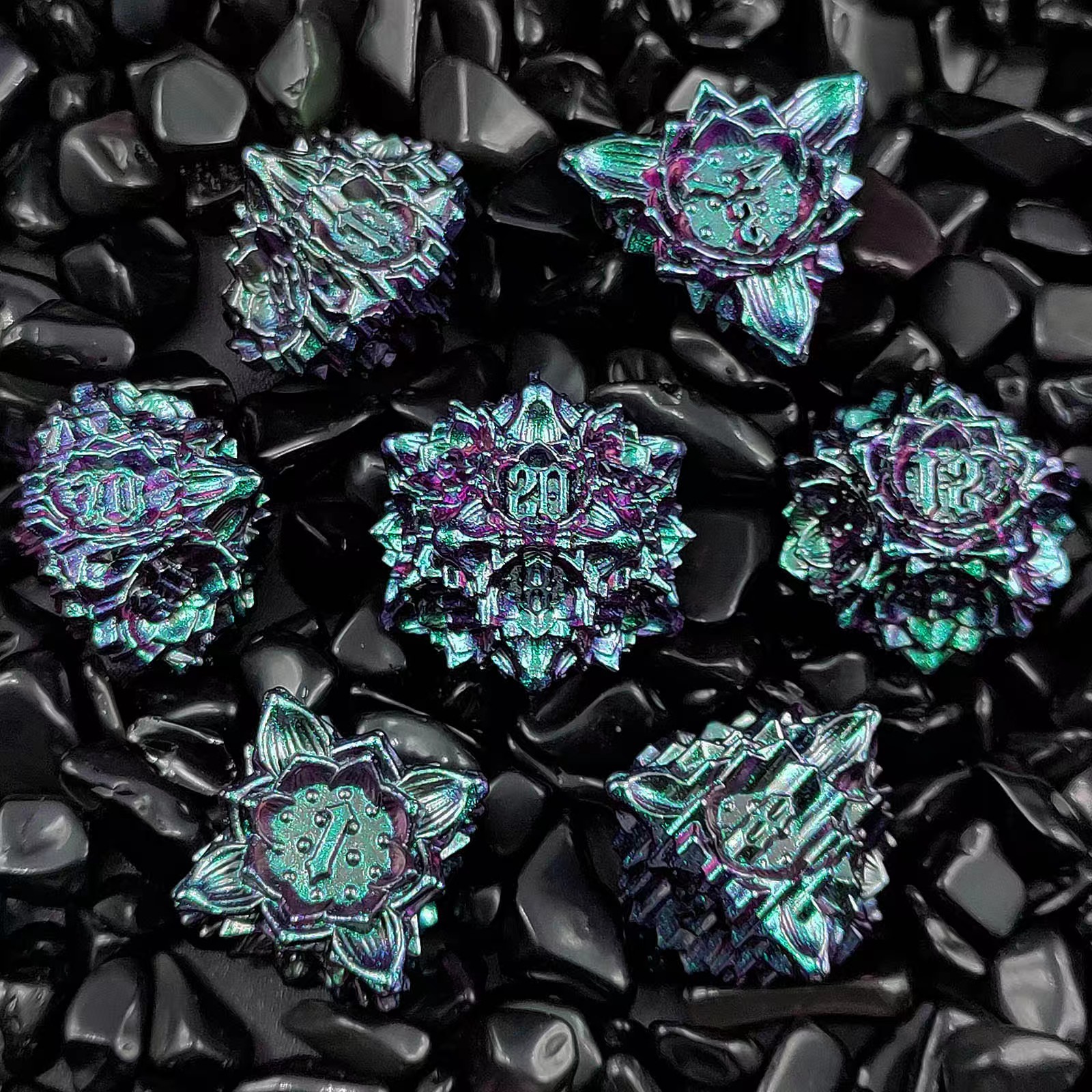 Metal Dice with Lotus Flower D&D Dice Set