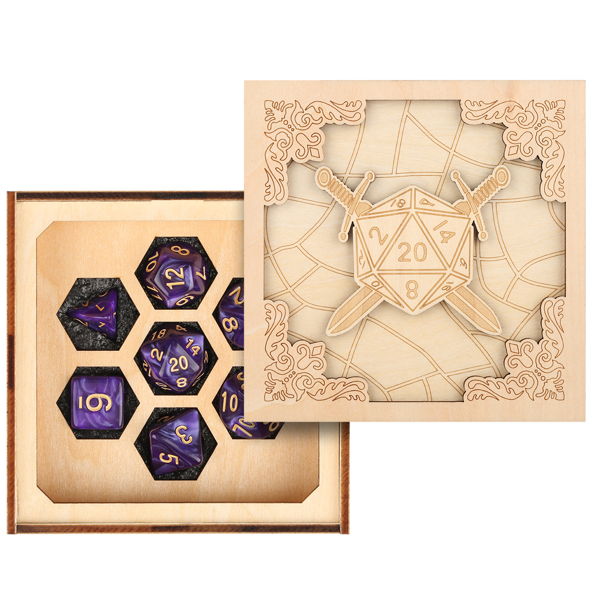 Dual Swords Theme Engraved Wooden Dice Tray