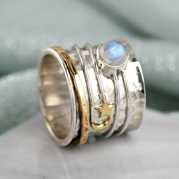 Sterling Silver Star and Moon Moonstone Spinner Ring