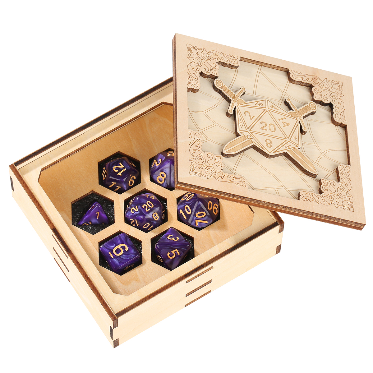 Dual Swords Theme Engraved Wooden Dice Tray
