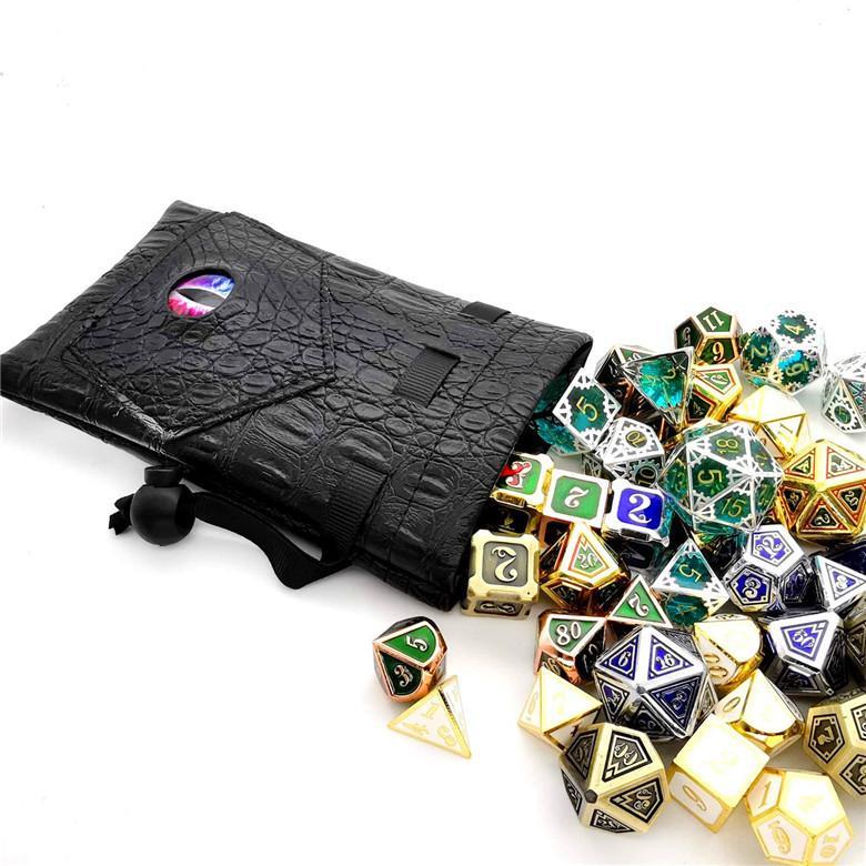 DND Dice Bag with Pockets - Large Dice Bag with Black Dragon Scales and Real Glass Dragon Eye