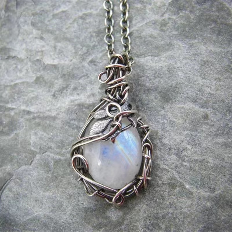 Moonstone Necklace Female Pendant Retro Bohemian Leaf Rattan Accessories