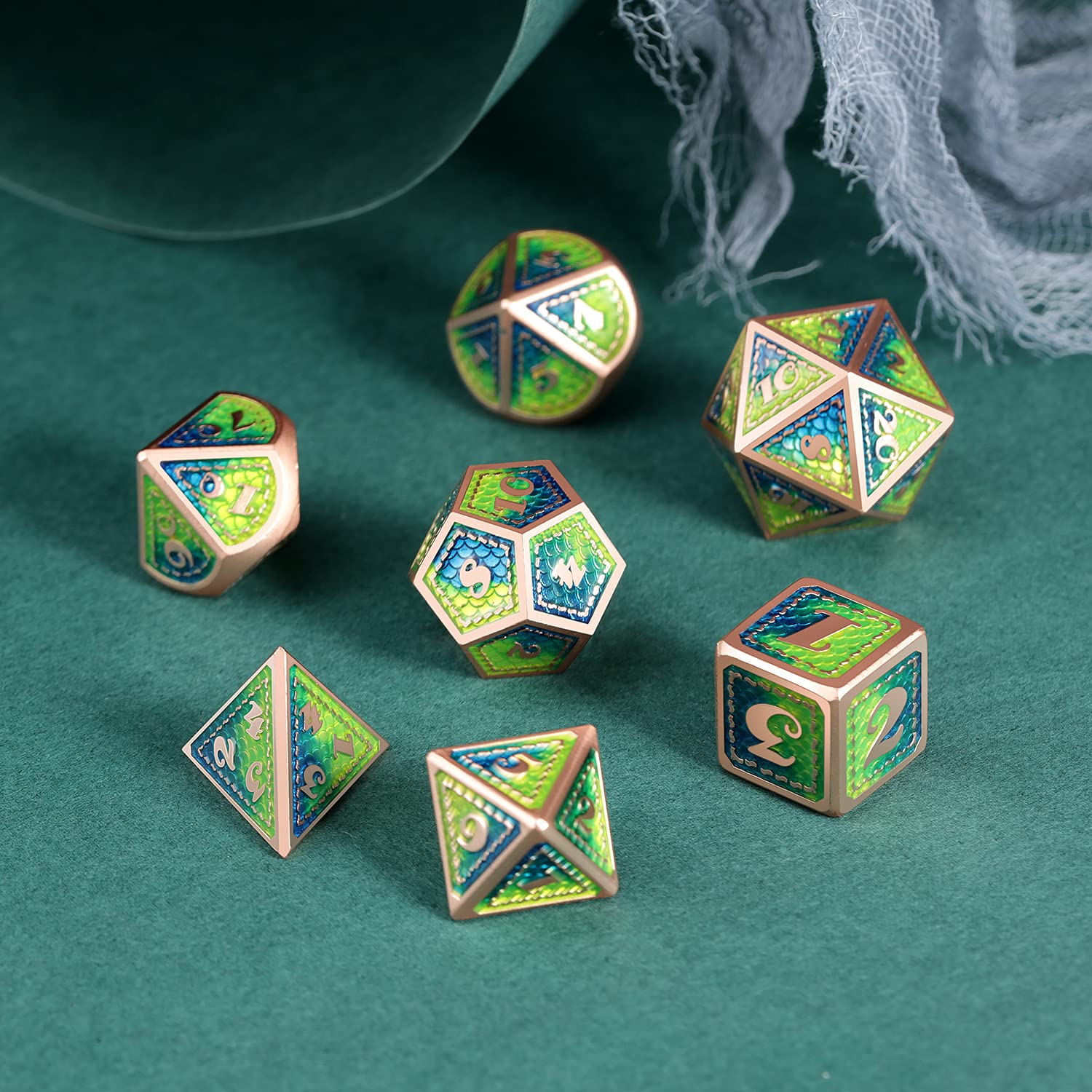 Dragon Scale 7 PCS Polyhedral Metal Dice Set(Blue & Green with Matt Copper Edge)