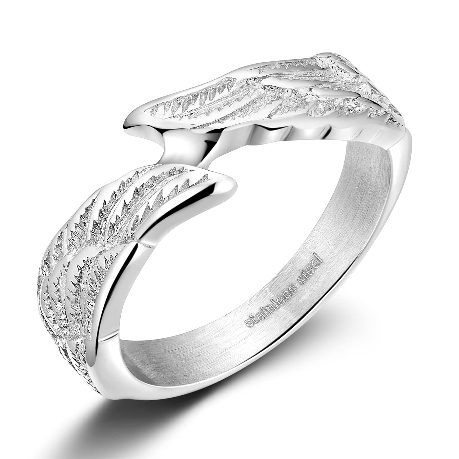 Antique Stainless Steel Ring Feather Angel Wing Cast Black Silver Band