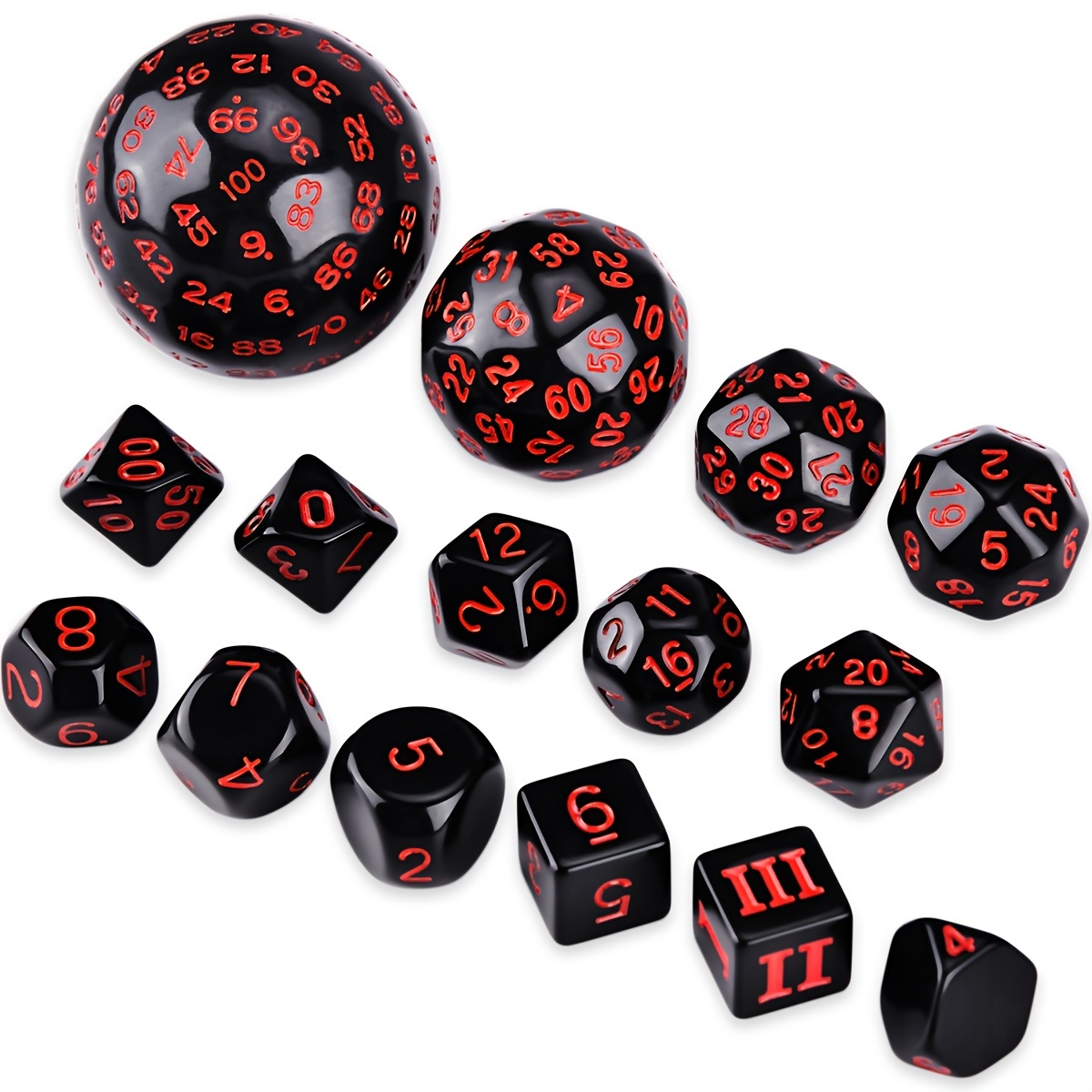 D3-D100 Black Base Polyhedral Dice Set Of 15 For Role Playing Game, Club Game, Board Game Accessories
