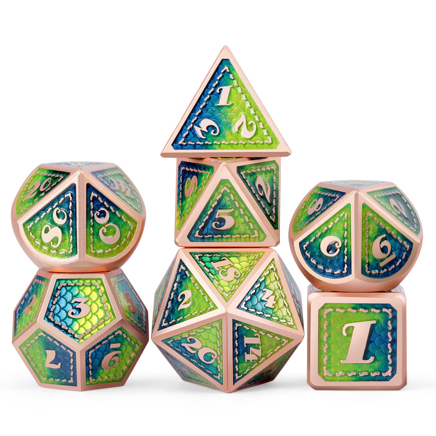Dragon Scale 7 PCS Polyhedral Metal Dice Set(Blue & Green with Matt Copper Edge)