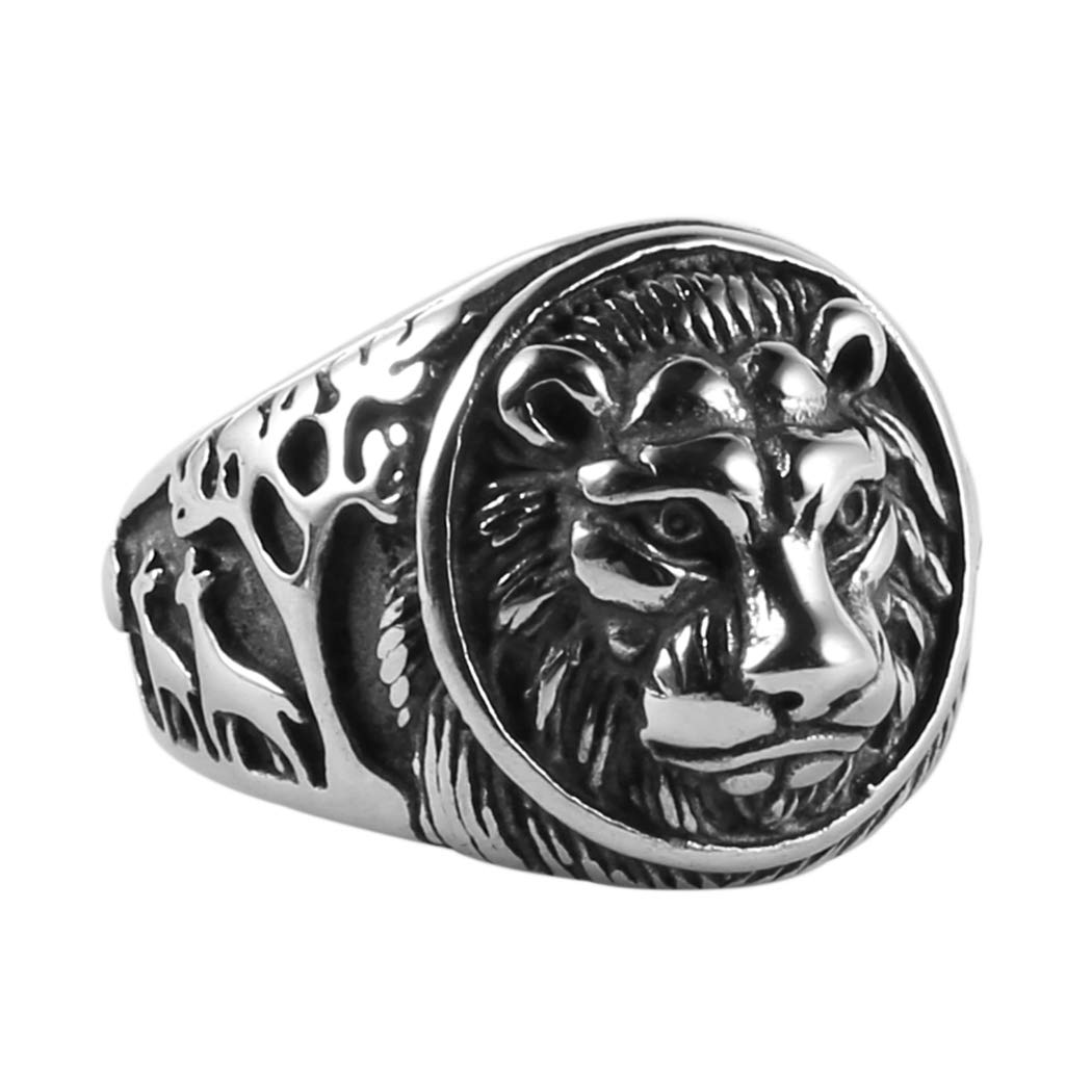 Vintage Stainless Steel Ring Lion Head Shield Biker Ring