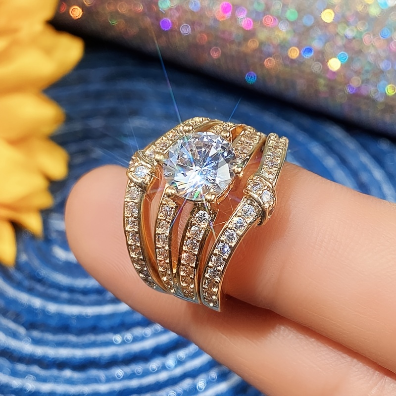 18k Gold Plated Round Zircon Set Ring Fashion Luxury Engagement Wedding Jewelry For Women Ring Set 3pcs