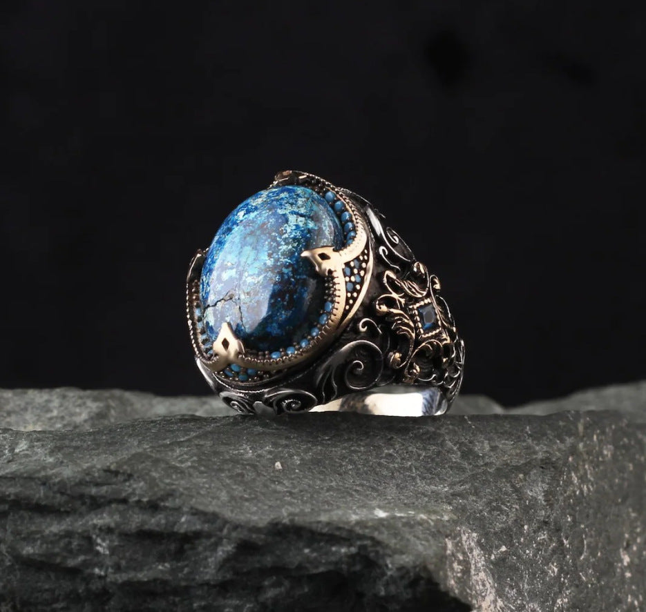 Blue gemstone engraved ring